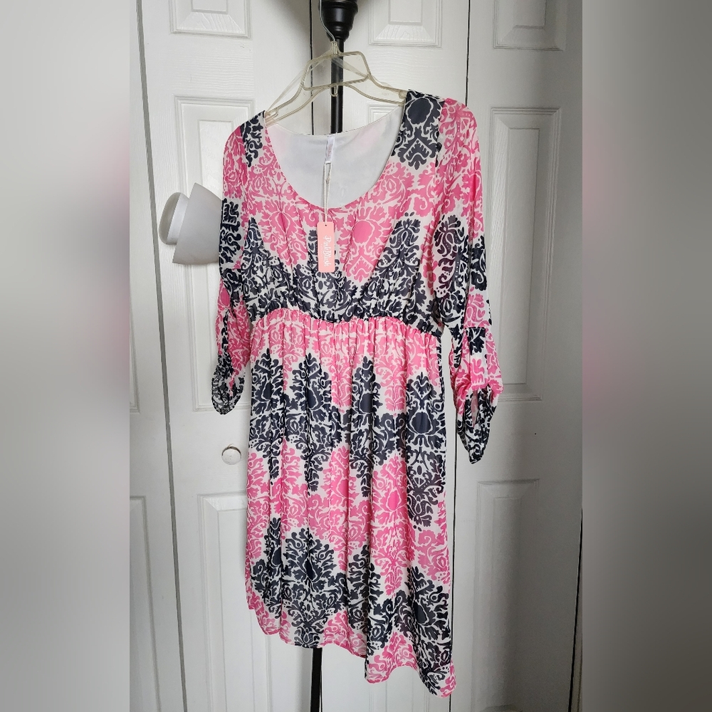 Pink Blush Maternity Dress with Pink and Navy Blue Design, NWT